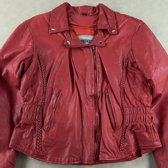Unik Ultra Red Womens Leather Motorcycle Jacket Removable Liner Large Braid Trim - Picture 7 of 16